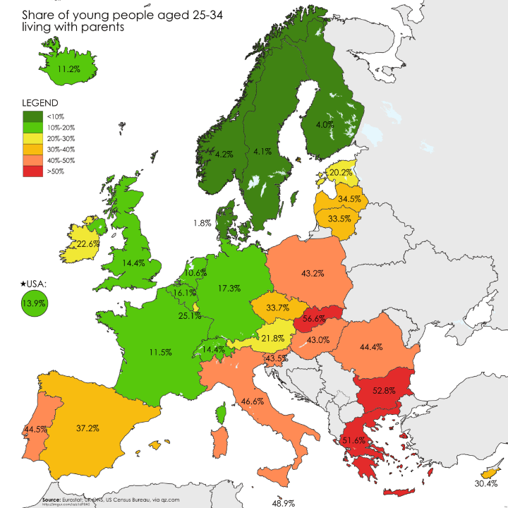 giovani che vivono con i genitori, mappa dell'Europa