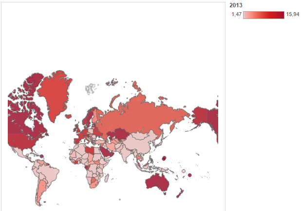 mappa del omondo con la distribuzione dell'immigrazione nei vari Paesi
