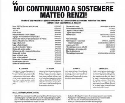 pagina del corriere con appello a sostegno del governo renzi