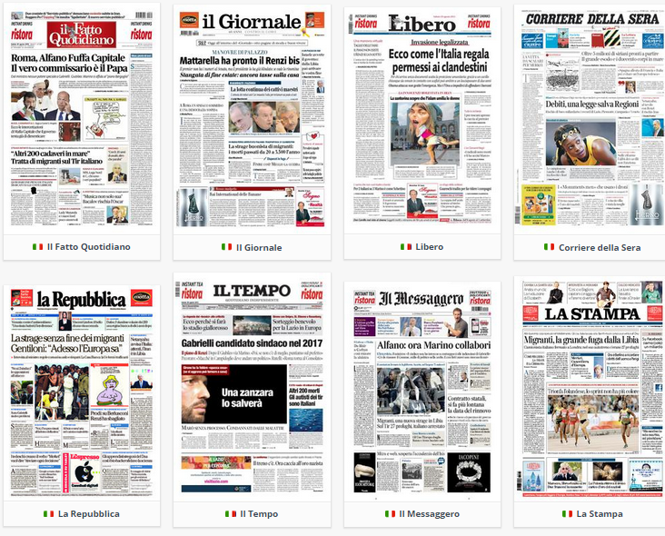 rassegna stampa, elenco di prime pagine dei principali quotidiani