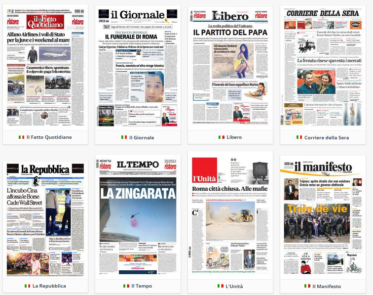 rassegna stampa, elenco di 8 giornali affiancati,