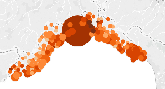 distribuzione del voto, mappa della Liguria con cerchi rappresentanti la forza del M5S
