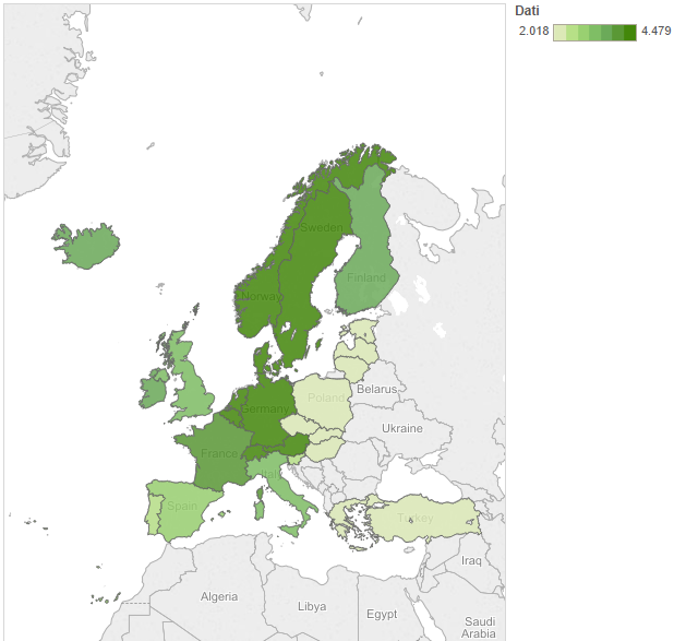 spesa per la sanità, mappa dell'Europa con sfumature di colore diverso