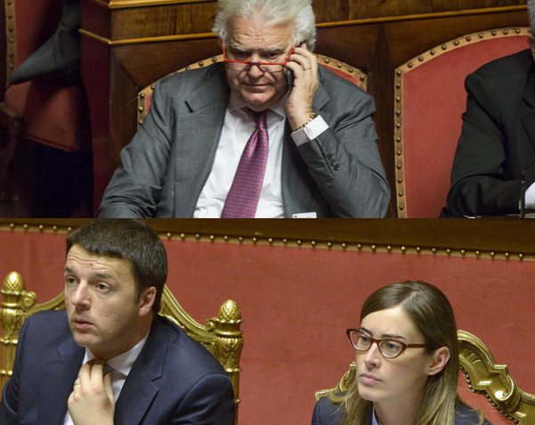 verdini in alto e sotto renzi e boschi