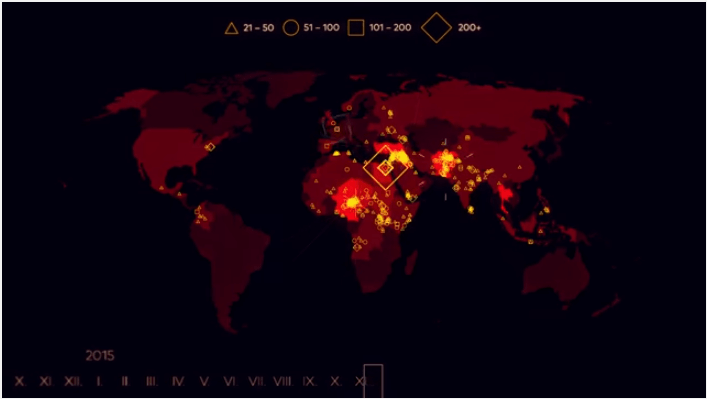 attacchi terroristici, mappa del mondo con gli attacchi