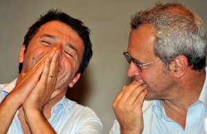 enrico mentana, pd, renzi, roma, stefano esposito, renzi gesticola in forma interrogativa affianco a renzi che ride divertito con una parte del viso coperto dalle sue mani