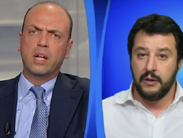 matteo salvini, alfano dimettiti, strage di parigi, a sinistra angelino alfano e a destra matteo salvini ospiti della trasmissione porta a porta in onda su raiuno