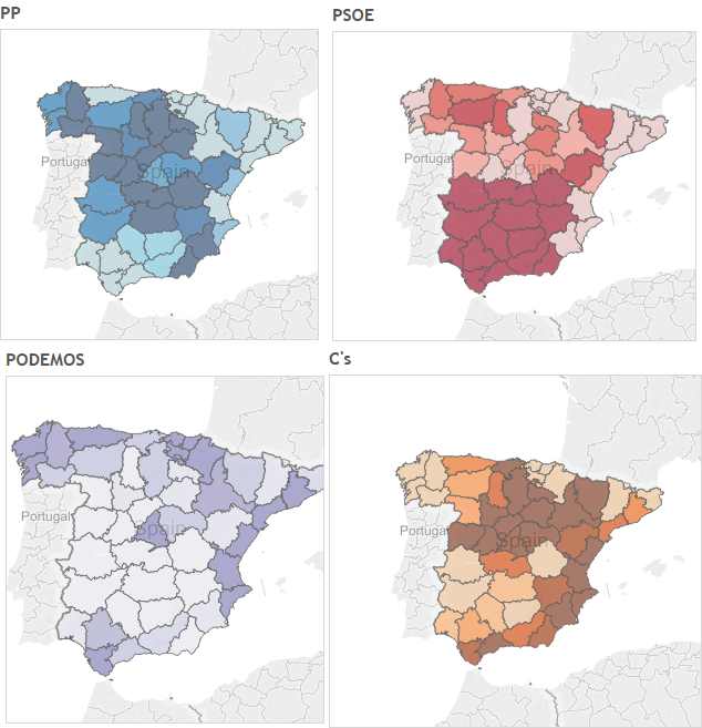 elezioni Spagna, mappe della distribuzione dei partiti