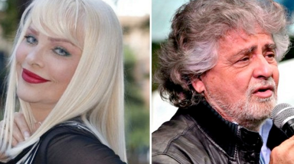 Ilona Staller, Cicciolina, Grillo, foto montaggio con a sinistra Cicciolina di profilo e a destra il fondatore del M5S Beppe Grillo con giubbotto nero in pelle e microfono in mano