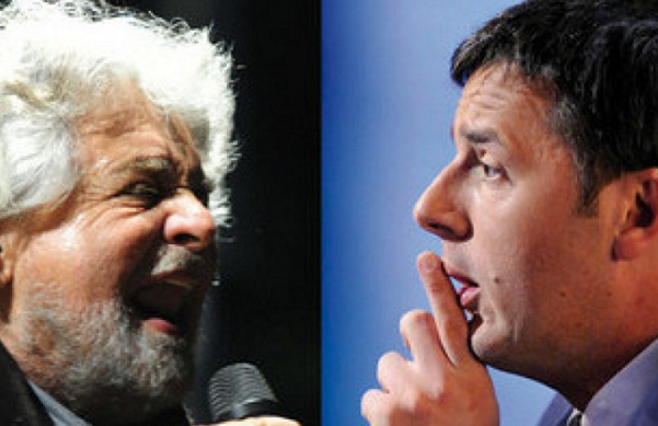 sondaggi politici, sondaggi elettorali, Renzi, Pd, M5S, Grillo, a sinistra foto di Beppe Grillo al microfono e a destra Renzi che indica il gesto del silenzio