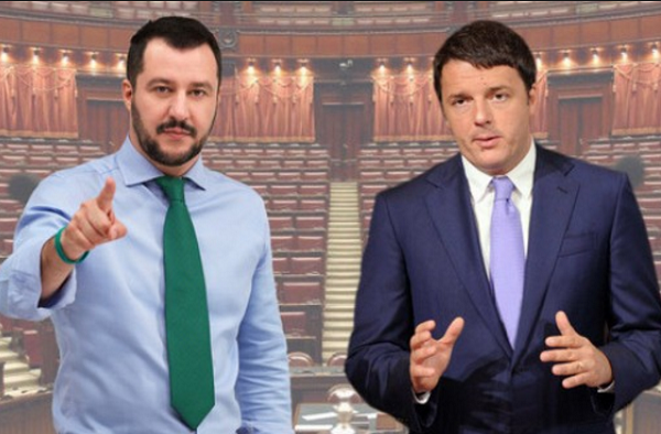 Matteo Renzi, Matteo Salvini, fotomontaggio con a sinistra il segretario della lega con camicia celeste e cravatta verde e a destra il premier renzi in giacca e cravatta e sullo sfondo l'emiciclo