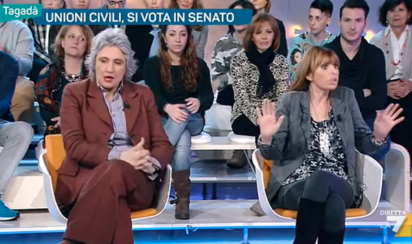 unioni civili, paola concia e alessandra mussolini sedute affianco nello studio di tagadà su la7