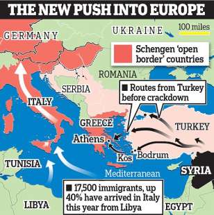 Governo Renzi, mappa dell'europa con i flussi migratori