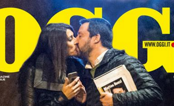 Matteo Salvini, Matteo Renzi, foto di copertina del settimale OGGI con Matteo Salvini mentre bacia Elisa Isoardi