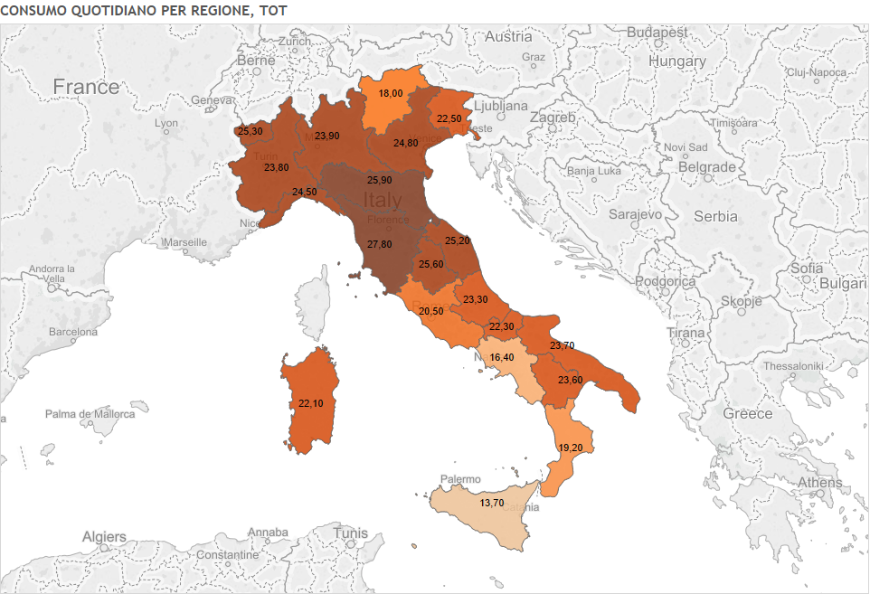 consumo di alcol in Italia, mappa dell'Italia
