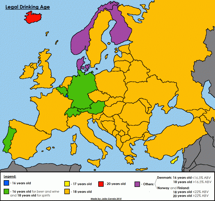 Età minima per bere, mappa dell'Europa