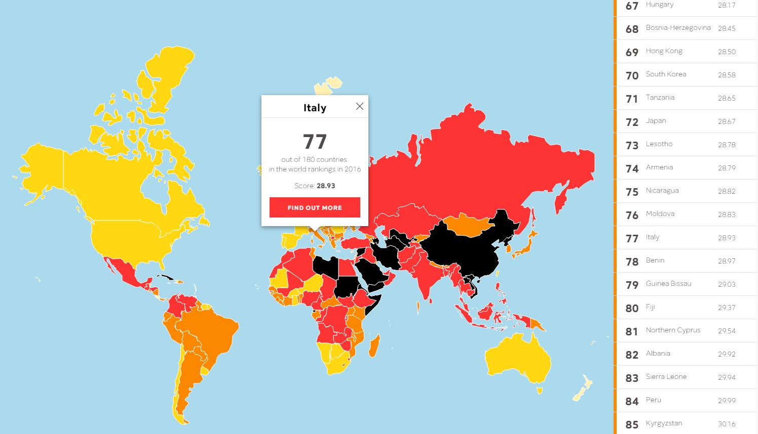 mappa 2016 libertà di stampa Reporters Sans Frontieres