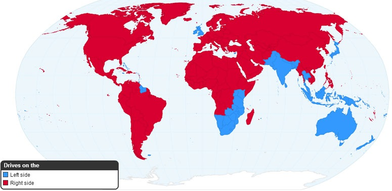 perché in alcuni paesi si circola a sinistra, guida a destra, mappa dove si guida a sinistra