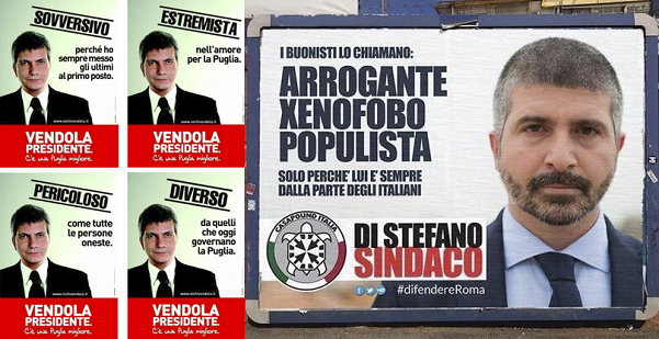 manifesti a confronto, Di Stefano candidato a Roma con Casapound ed il manifesto di Vendola alle regionale del 2005 in Puglia
