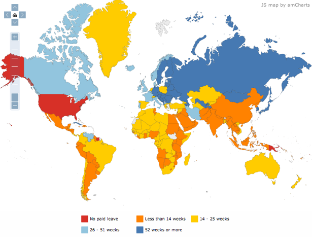 congedo maternità, mappa del mondo con i Paesi colorati diversamente