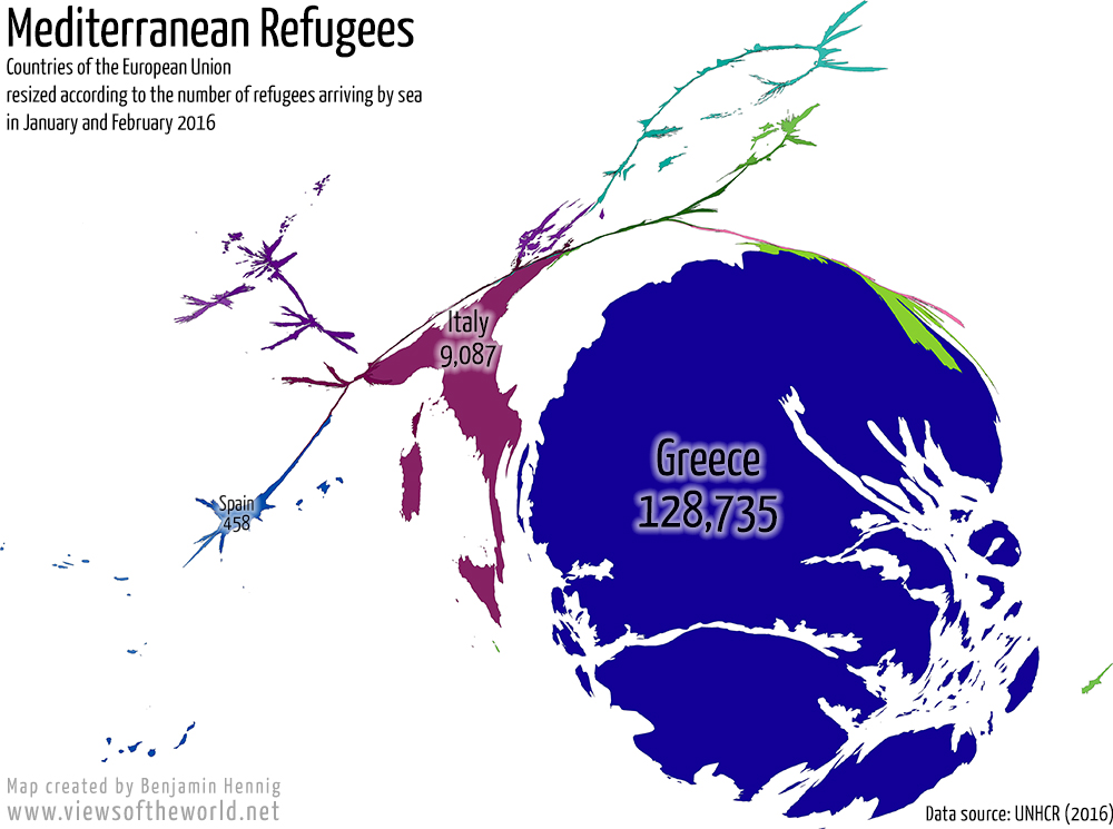 emergenza immigrazione, mappe d'Europa con Grecia gigante