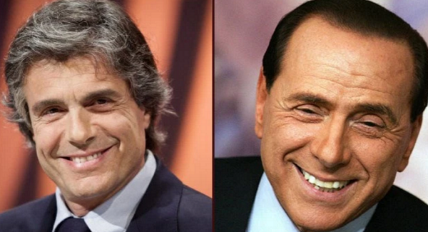 elezioni roma, Forza Italia, a sinistra primo piano di Alfio Marchini e a destra nel fotomontaggio una foto di Silvio Berlusconi