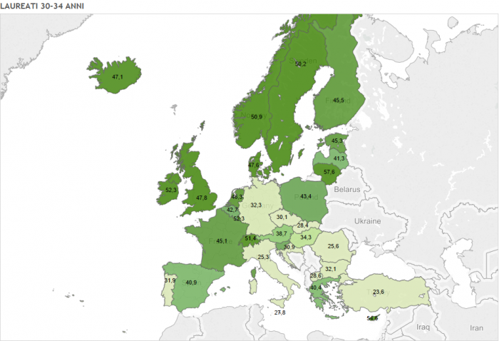 Quanti si laureano in Italia, mappa dell'Europa