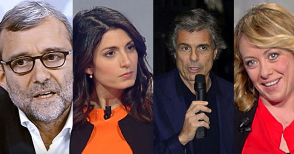 diretta risultati comunali Roma, Alfio Marchini, Giorgia Meloni, Roberto Giachetti, Virginia Raggi, fotomontaggio con i 4 principali candidati sindaci nella Capitale