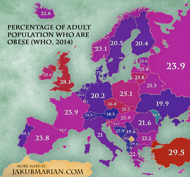 obesità in Europa, mappa dell'Europa con percentuali