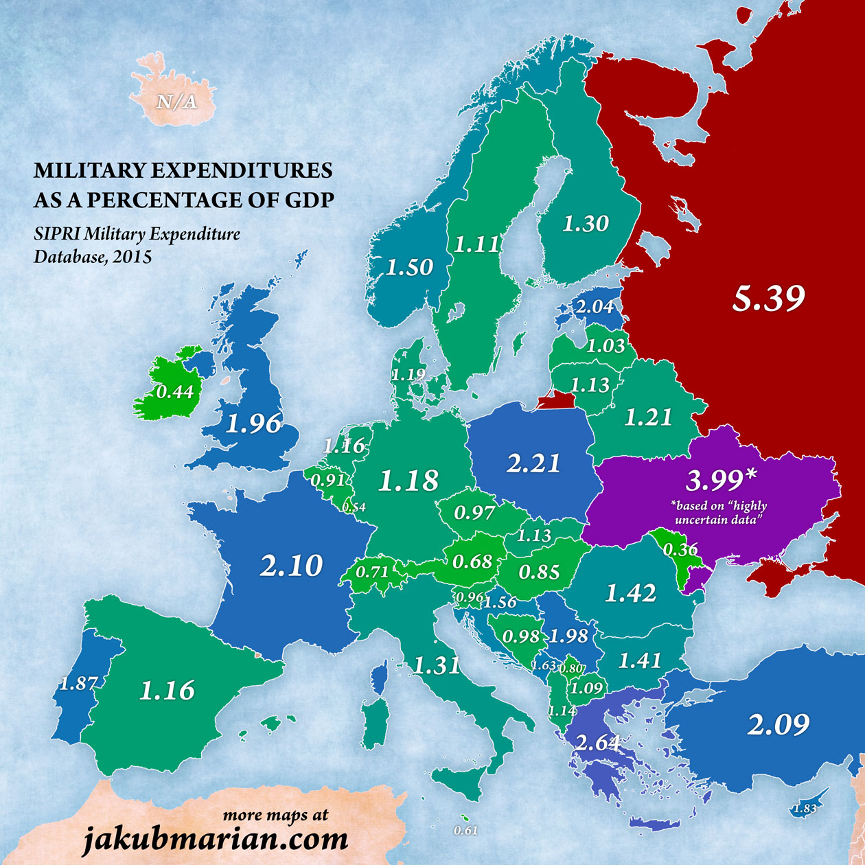 spesa per la difesa, mappa d'Europa con valori percentuali