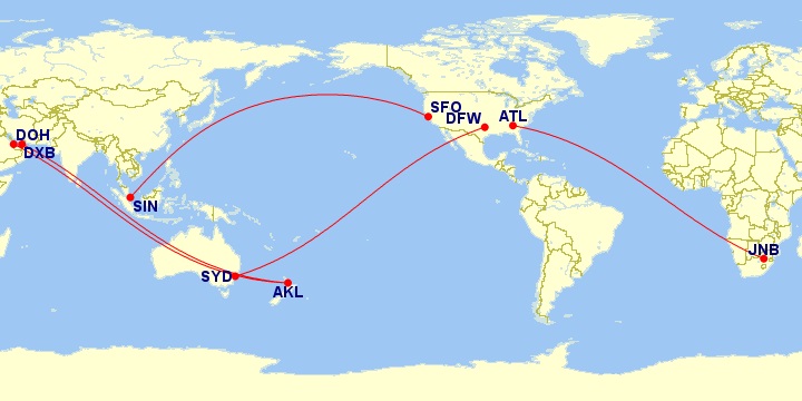 mappa voli aerei diretti più lunghi al mondo