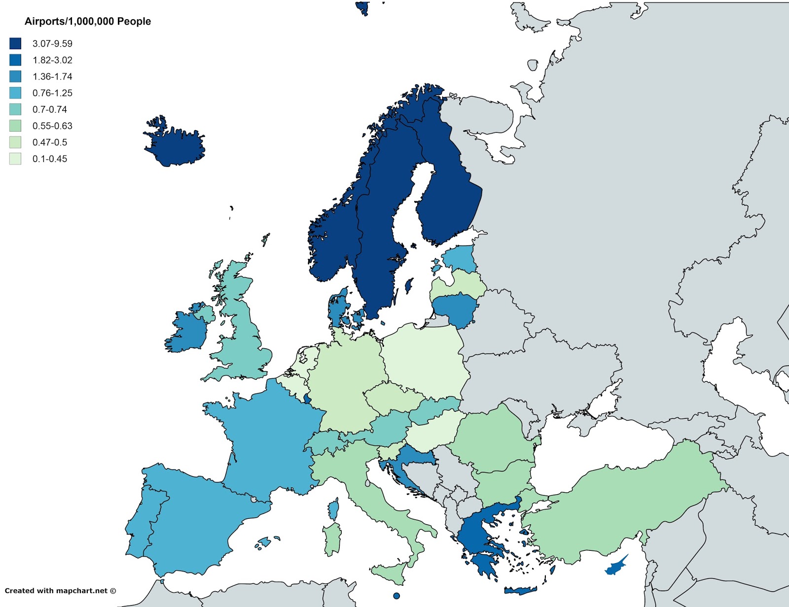 mappa concentrazione aeroporti in europa per milione di abitanti