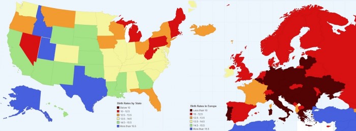 calo delle nascite, mappa di Europa e USA