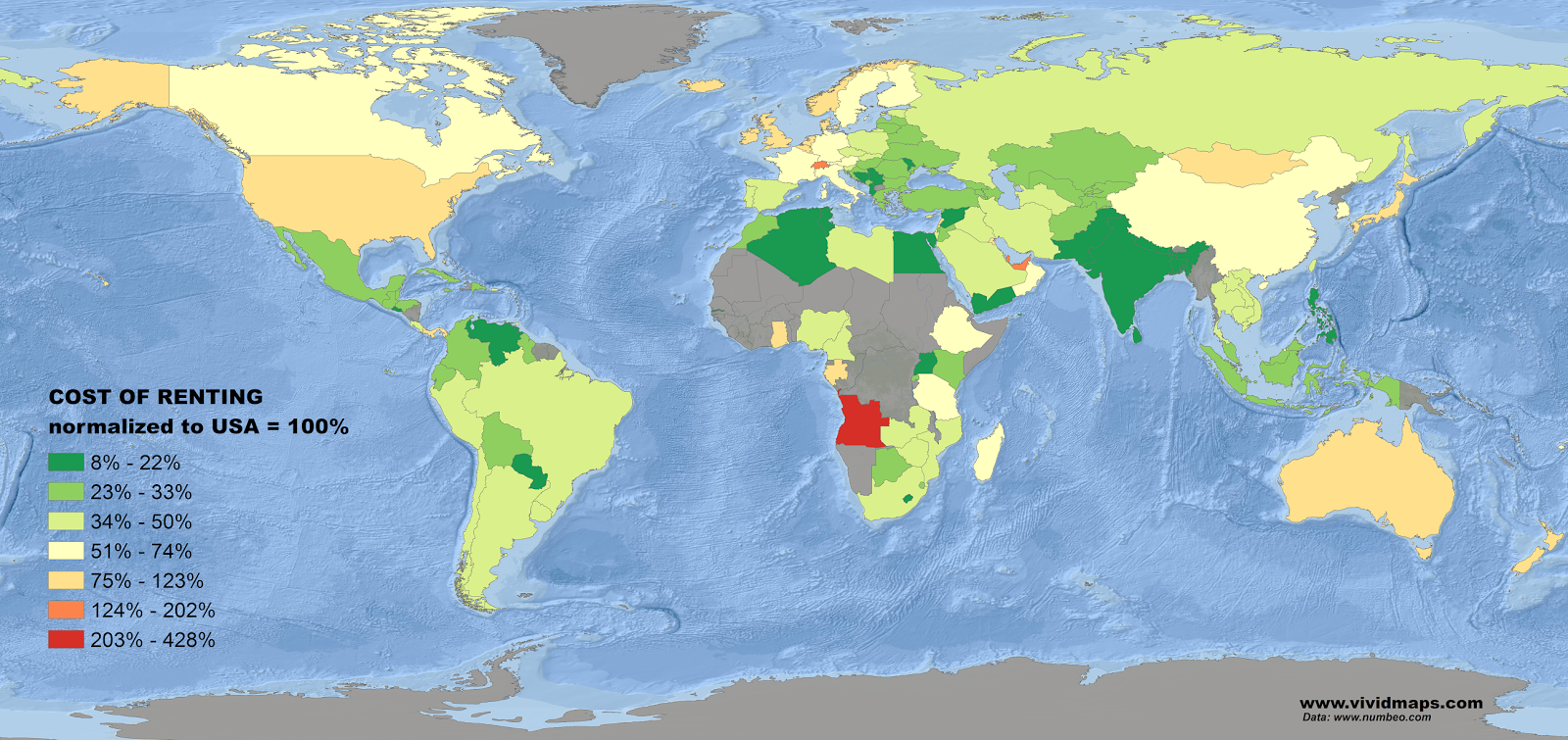 costo degli affitti, mappa del mondo