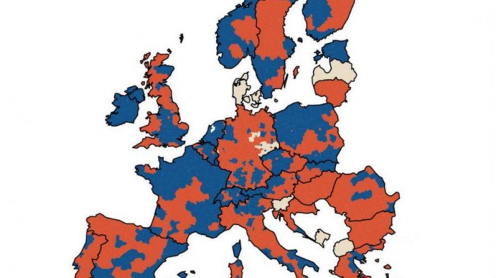 popolazione in calo, mappa dell'Europa, rossa e blu
