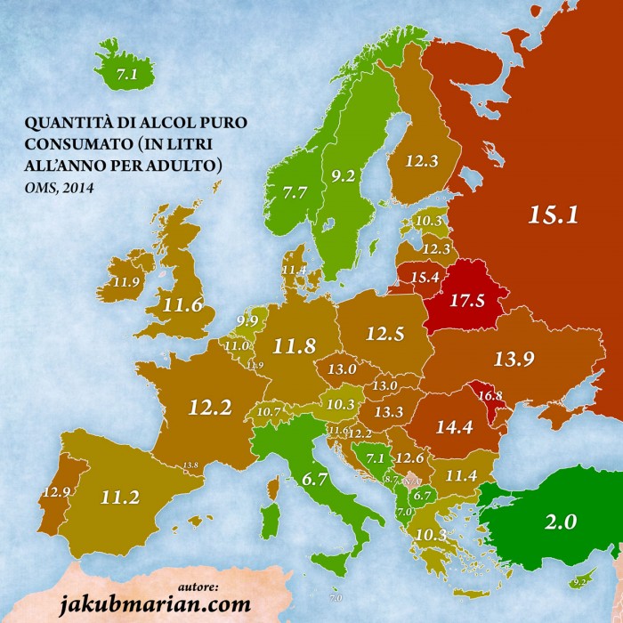 dove si beve di più, mappa dell'Europa