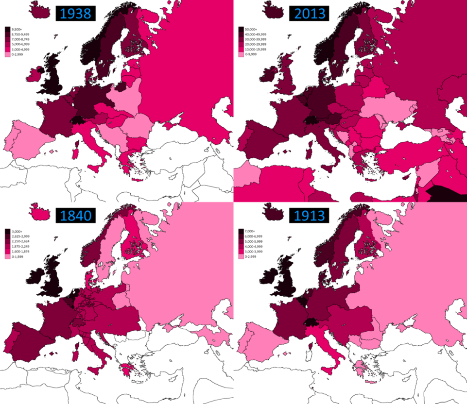 redditi in europa, mappe colorate dell'Europa