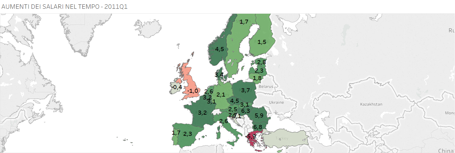 costo del lavoro, mappa d'Europa in verde e rosso