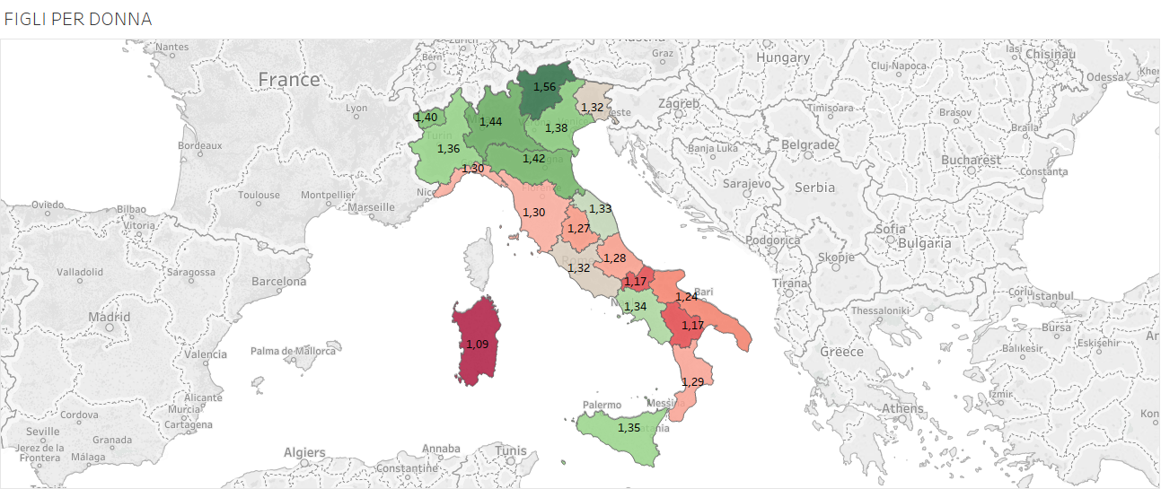 natalità in italia, cartina dell'Italia con colori rosso e verde