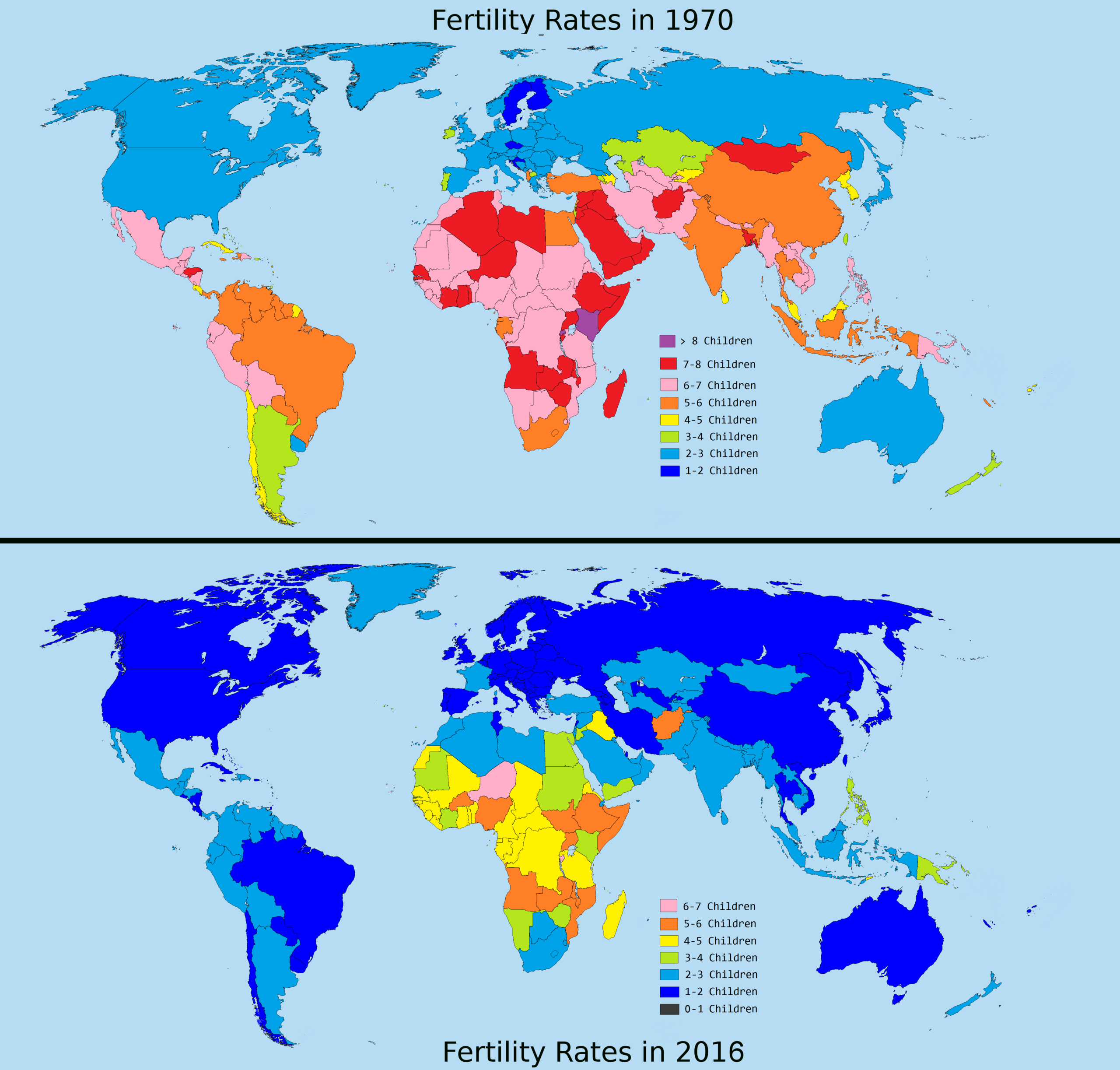 tasso di fertilità, mappe del mondo con Paesi colorati in modo diverso