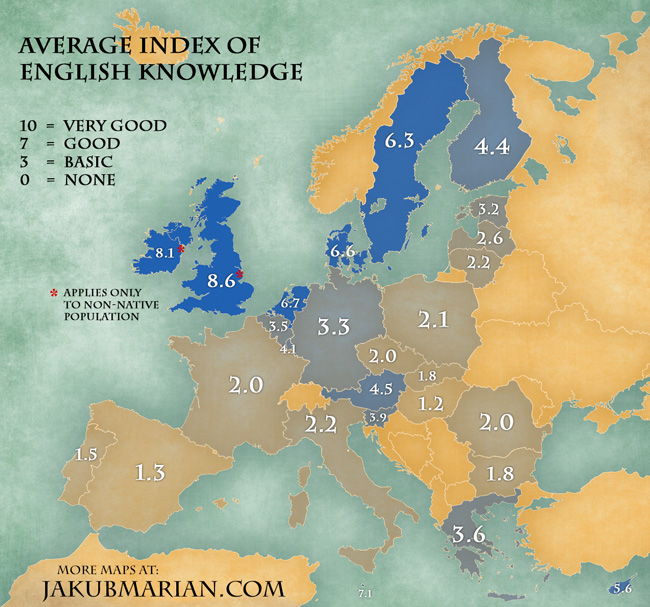 conoscenza dell'inglese, mappa dell'Europa con Paesi in blu e grigio