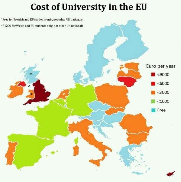 costo dell'universita, mappa con i Paesi europei in diversi colori