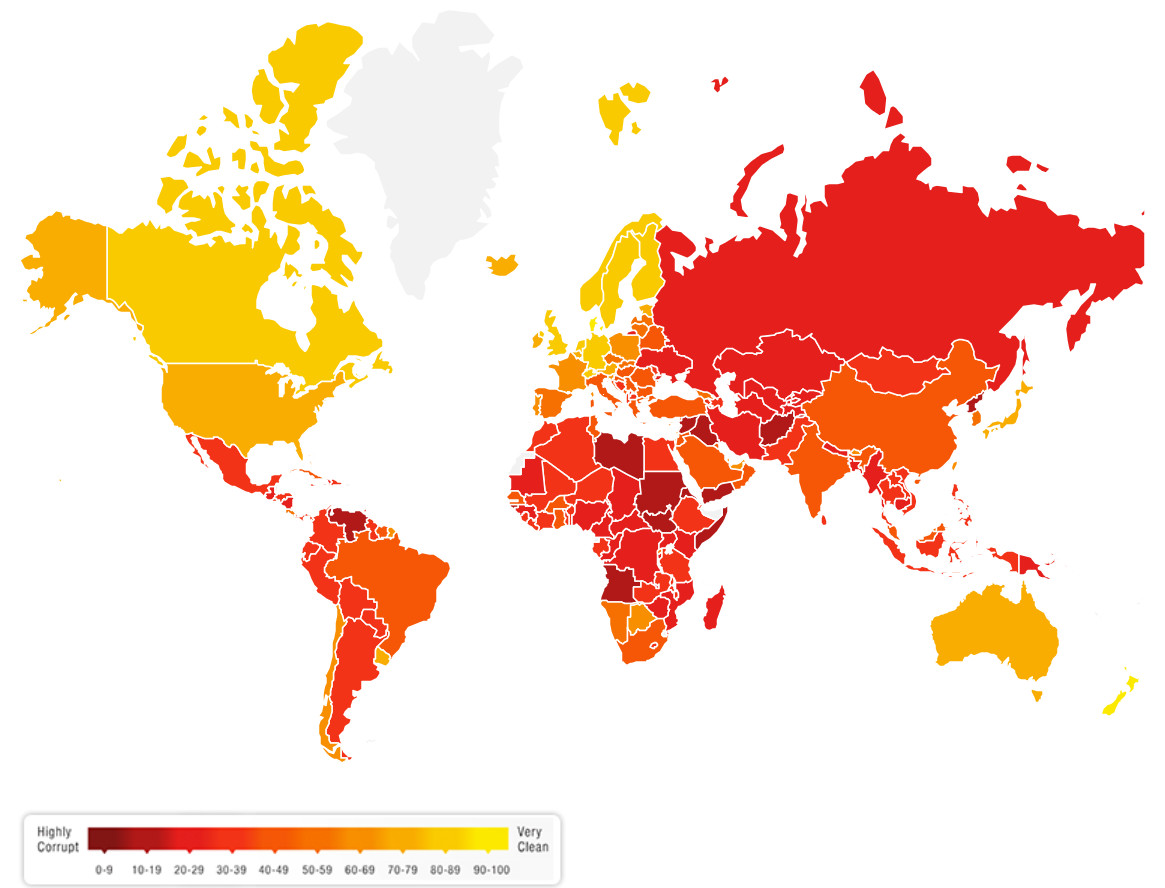 Classifica della corruzione, mondo intero colorato in rosso e giallo