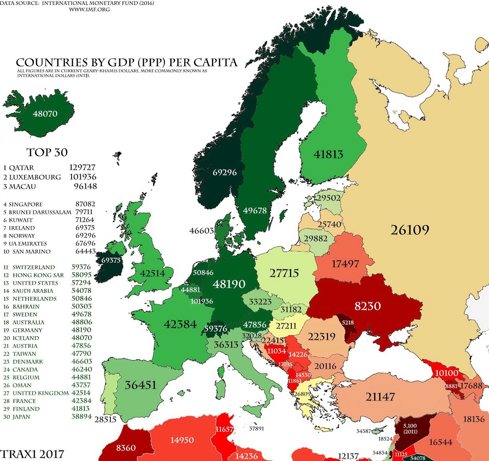 Paesi più ricchi d'Europa, mappa colorata d'Europa