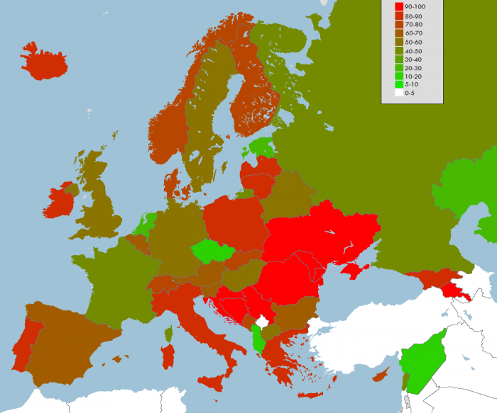 cristiani in Europa, mappa europea a colori diversi
