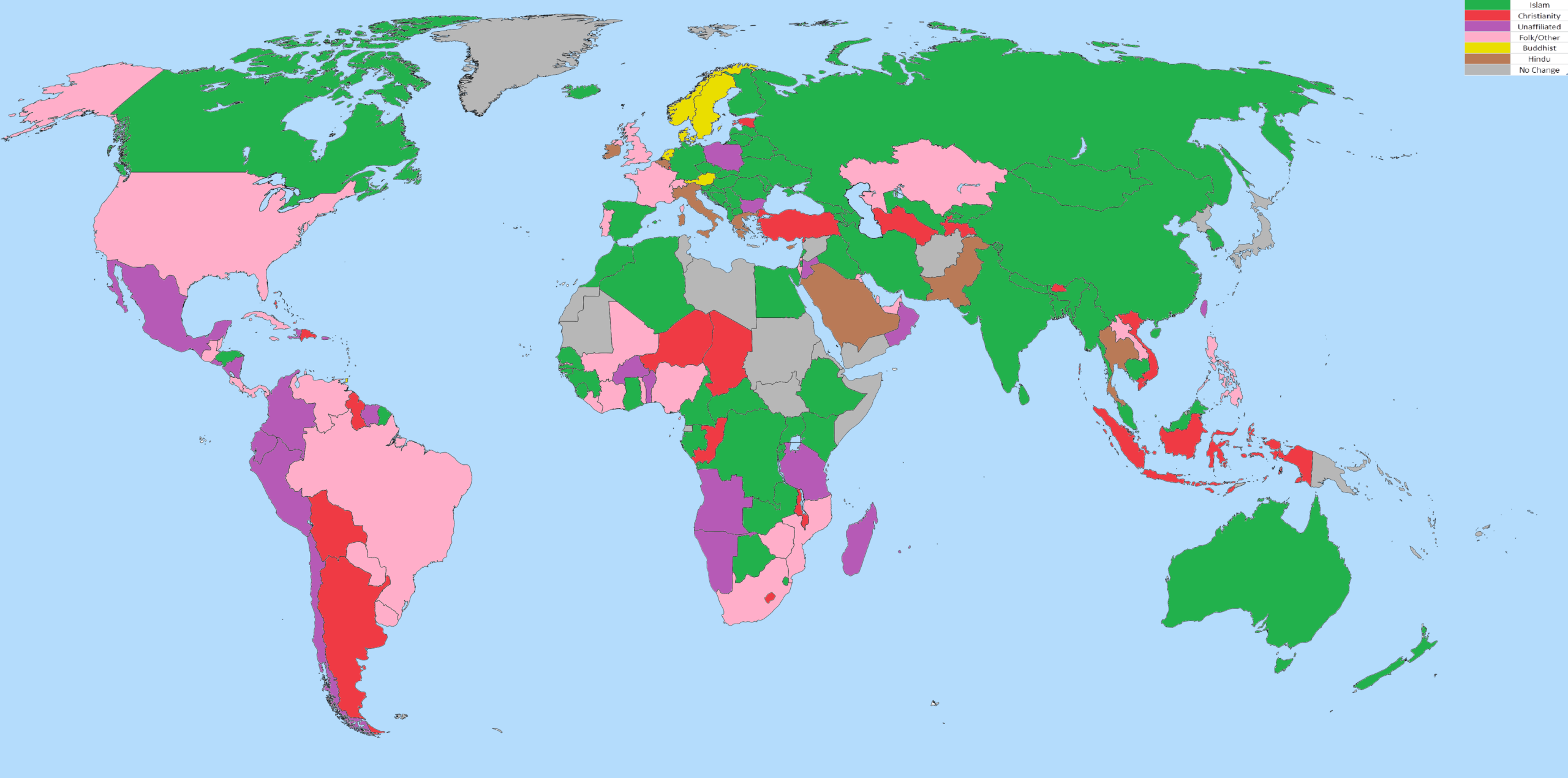 religione in maggior crescita, mappa del mondo con Paesi colorati in modo diverso