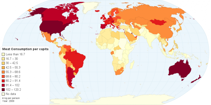 Consumo di carne, mappa del mondo