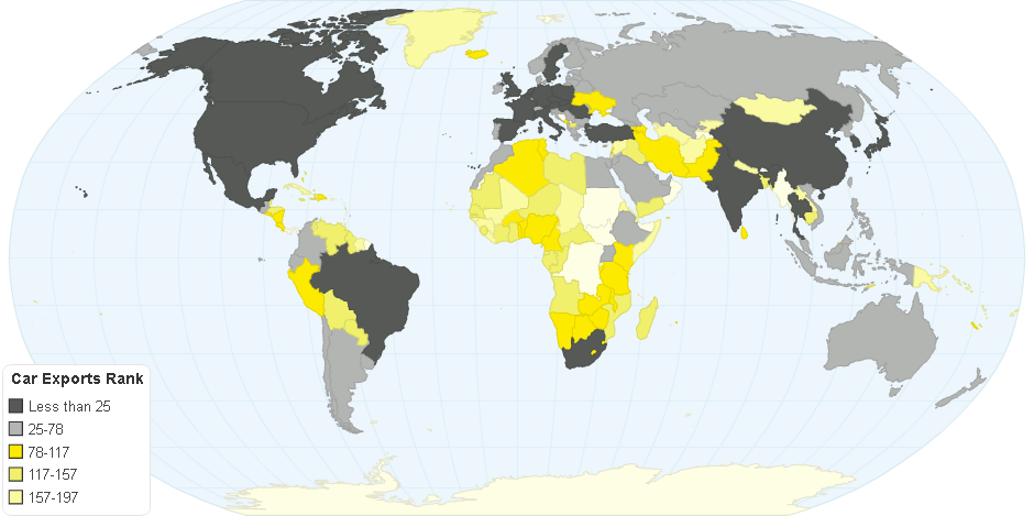 Esportazioni di auto, mappa del mondo in grigio e giallo