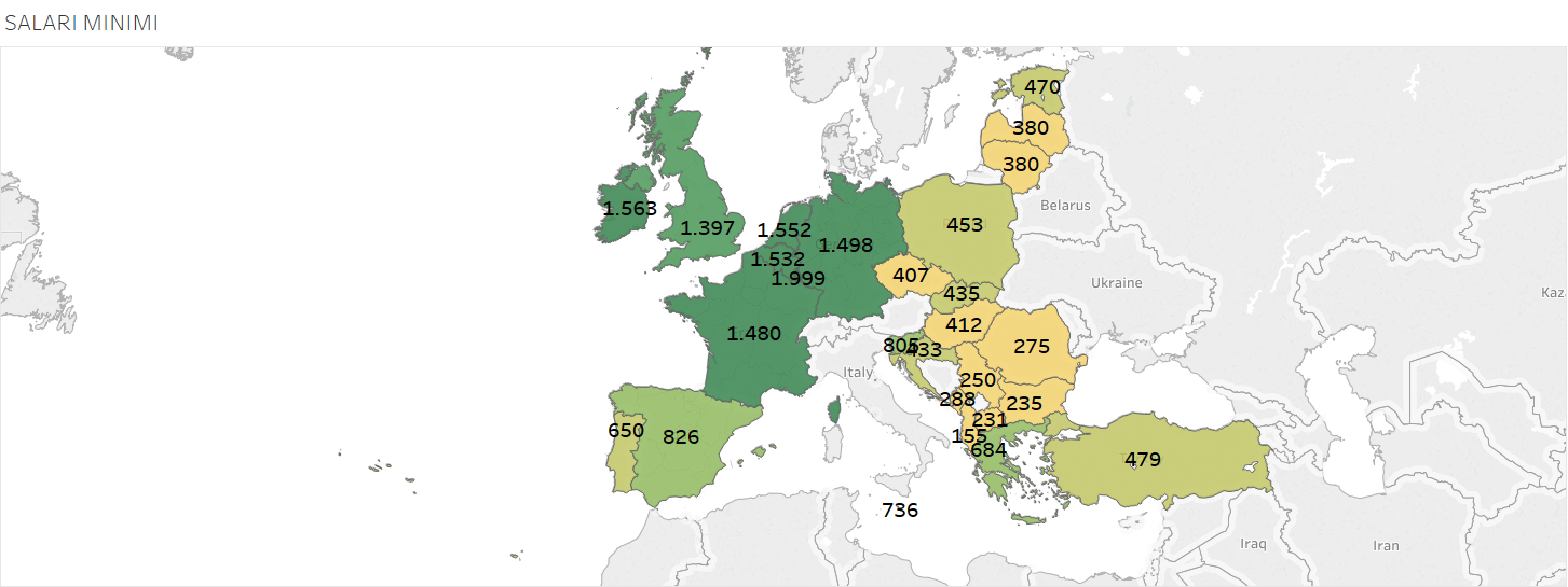 SALARIO MINIMO, mappa d'Europa con cifre