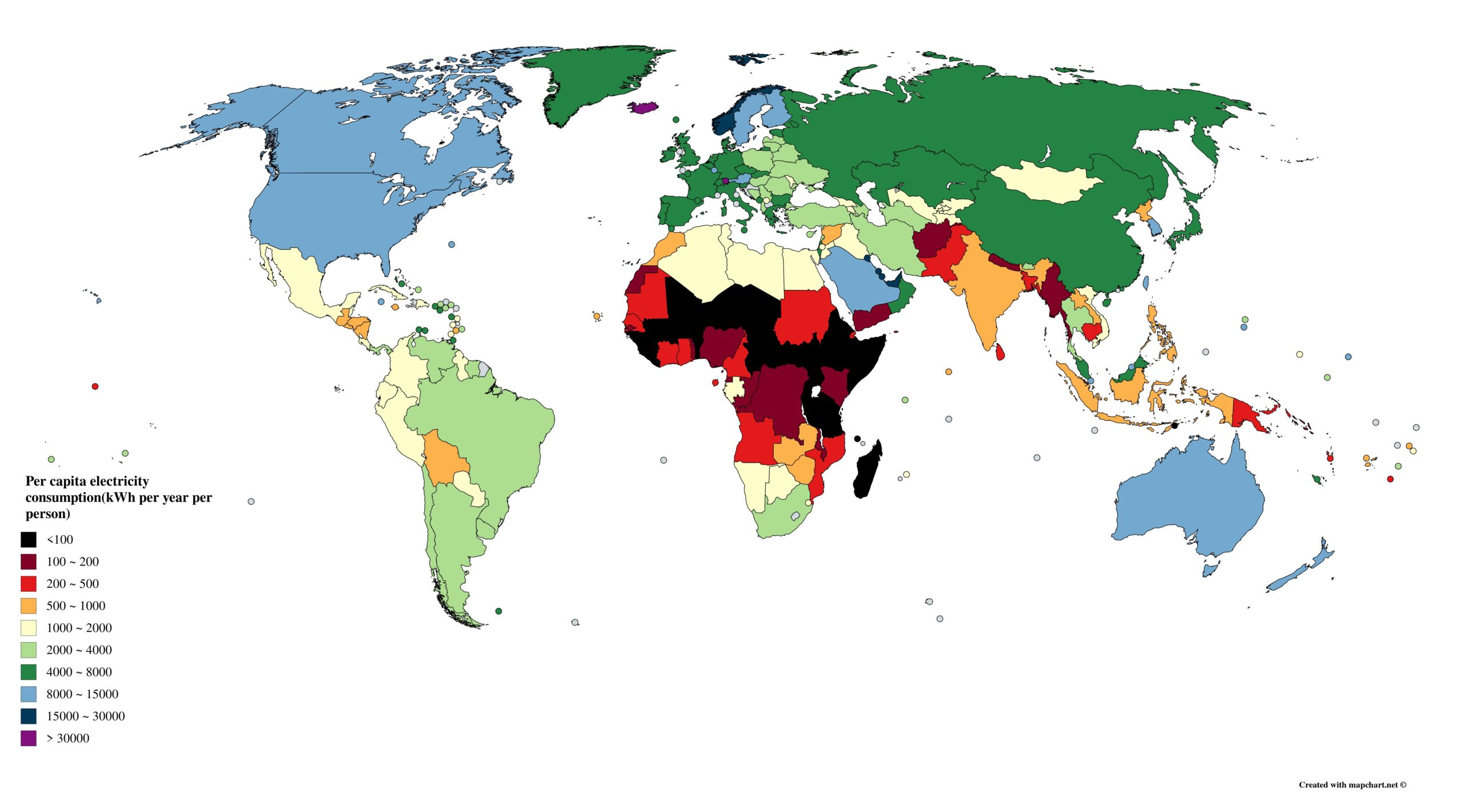 consumi di elettricità, mappa del mondo colorata